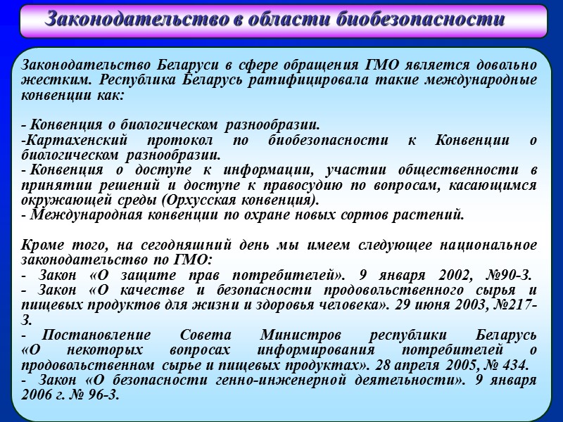 Законодательство в области биобезопасности  Законодательство Беларуси в сфере обращения ГМО является довольно жестким.